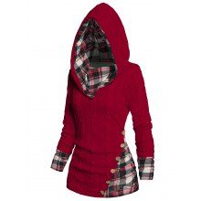 dresslily Twisted Cable Knit Plaid Print Hooded Sweater Mock Button Ruched Shawl Neck Sweater