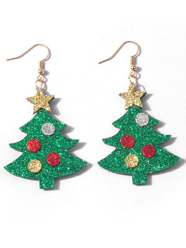 Boucles D'Oreilles Pendantes Motif Adorable Sapin de Noël en Paillettes et Etoiles Brillantes - Vert 