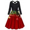 Robe de Noël Ligne A Vintage Ceinturée Croisé à Imprimé Boule et Nœud Papillon à Manches Longues - Rouge XL