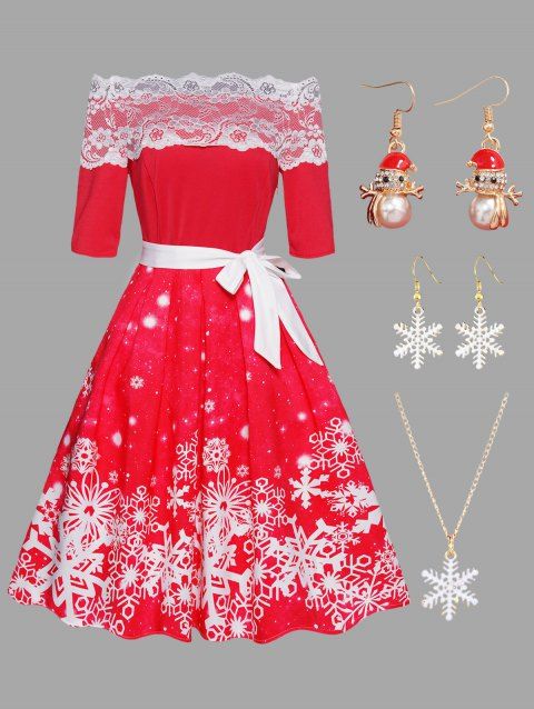 Snowflake Print Flower Lace Panel Belted Dress And Artificial Pearl Rhinestone Snowman Earrings Necklace Christmas Outfit