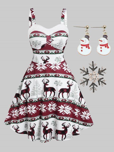 Snowflake Elk Print Faux Fur Panel A Line Dress And Rhinestone Brooch Snowman Earrings Christmas Outfit
