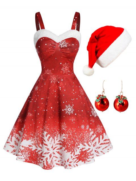 Snowflake Print Ombre Color Dress And Rhinestone Christmas Bell Earrings Hat Xmas Outfit