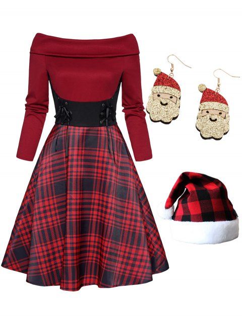 Plaid Print Panel Lace Up Off Foldover A Line Mini Dress And Glitter Santa Claus Earrings Hat Christmas Outfit