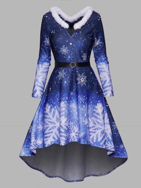 Christmas Dress Snowflake Print Faux Fur Panel Belted Long Sleeve High Low Midi Dress