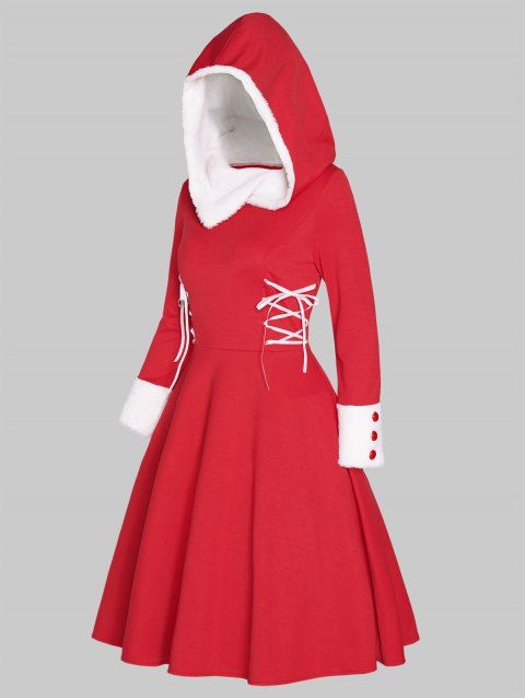 Two Tone Color Hoodie Dress Faux Fur Panel Lace Up Long Sleeve A Line Mini Christmas Hooded Dress