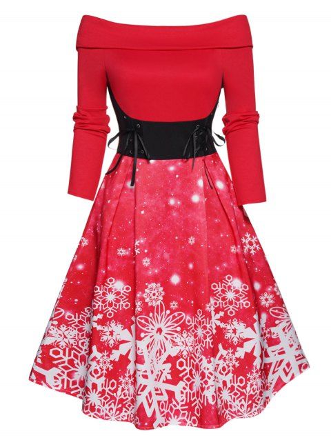 Christmas Dress Off The Shoulder Snowflake Print Foldover Lace Up High Waisted A Line Mini Dress