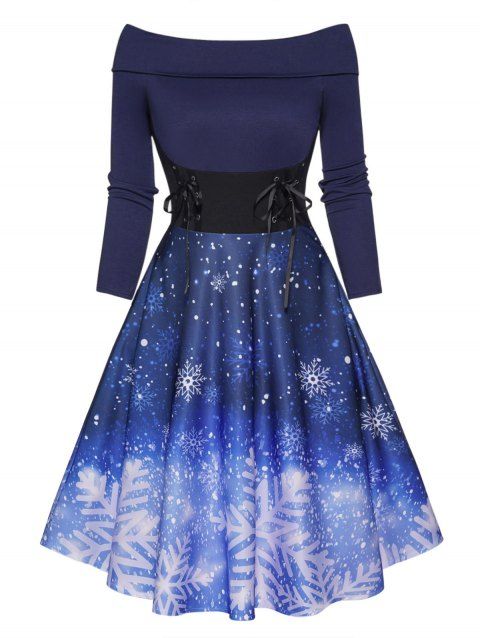 Christmas Dress Off The Shoulder Snowflake Print Foldover Lace Up High Waisted A Line Mini Dress