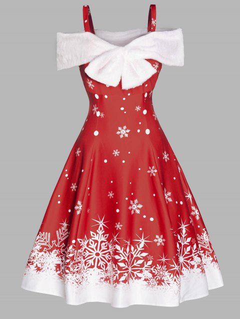 Ombre Snowflake Print Christmas Dress Faux Fur Bowknot Cold Shoulder High Waist Dress