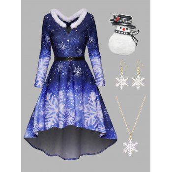 

Snowflake Print Faux Fur Panel Belted High Low Midi Dress And Snowman Brooch Necklace Earrings Christmas Outfit, Deep blue