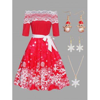 

Snowflake Print Flower Lace Panel Belted Dress And Artificial Pearl Rhinestone Snowman Earrings Necklace Christmas Outfit, Red