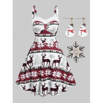 

Snowflake Elk Print Faux Fur Panel A Line Dress And Rhinestone Brooch Snowman Earrings Christmas Outfit, White