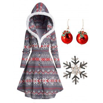 

Zig Zag Snowflake Printed Faux Fur Hooded Coat And Rhinestone Brooch Christmas Bell Earrings Xmas Outfit, Gray