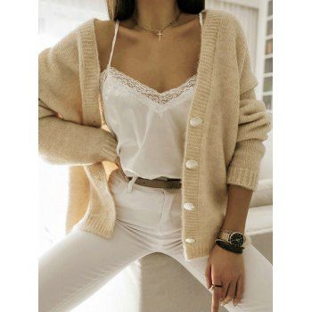 

Drop Shoulder Button Up Cardigan Solid Color Ribbed Hem Cardigan, Light coffee