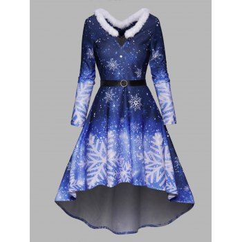 

Christmas Dress Snowflake Print Faux Fur Panel Belted Long Sleeve High Low Midi Dress, Deep blue