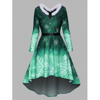 

Christmas Dress Snowflake Print Faux Fur Panel Belted Long Sleeve High Low Midi Dress, Deep green