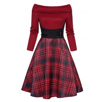 

Plaid Print Panel Dress Lace Up High Waisted Off The Shoulder Foldover Long Sleeve A Line Mini Dress, Red