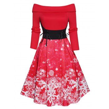

Christmas Dress Off The Shoulder Snowflake Print Foldover Lace Up High Waisted A Line Mini Dress, Red