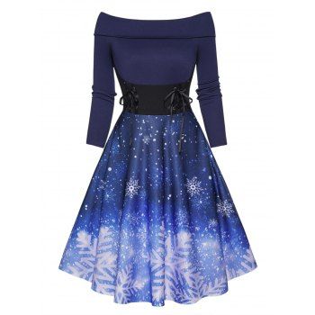 

Christmas Dress Off The Shoulder Snowflake Print Foldover Lace Up High Waisted A Line Mini Dress, Deep blue