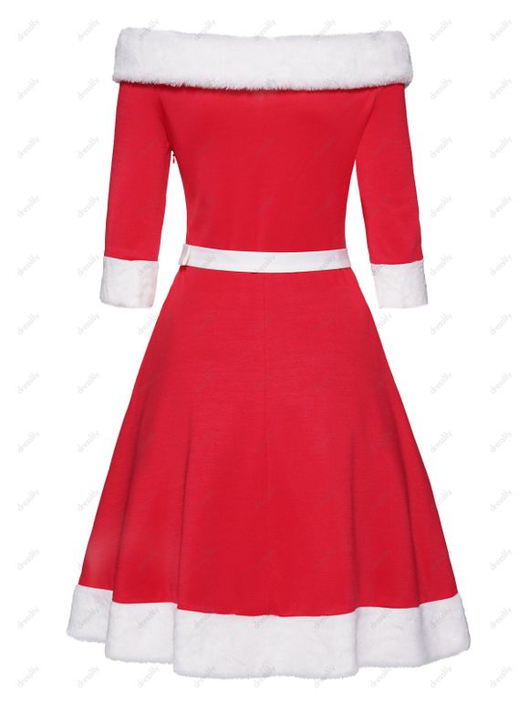 Mini Robe de Noël Ligne A Ceinturée Panneau en Fausse Fourrure à Epaule Dénudée de Noël - Rouge XL