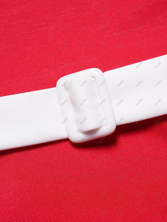 Mini Robe de Noël Ligne A Ceinturée Panneau en Fausse Fourrure à Epaule Dénudée de Noël - Rouge XL