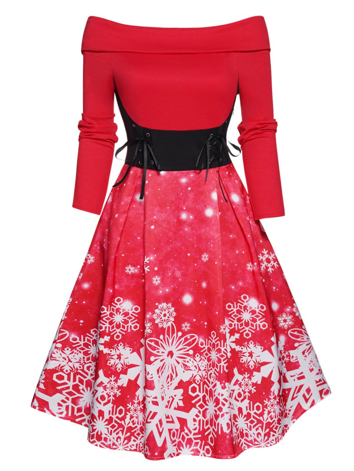 Christmas Dress Off The Shoulder Snowflake Print Foldover Lace Up High Waisted A Line Mini Dress - RED S