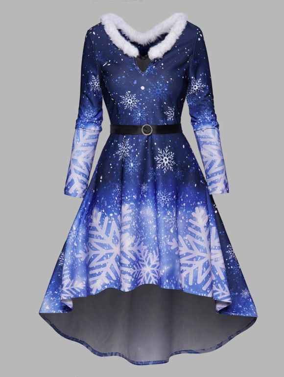 Robe Mi-Longue Haute Basse Ceinturée à Imprimé Flocon de Neige de Noël à Manches Longues - Bleu profond 2XL
