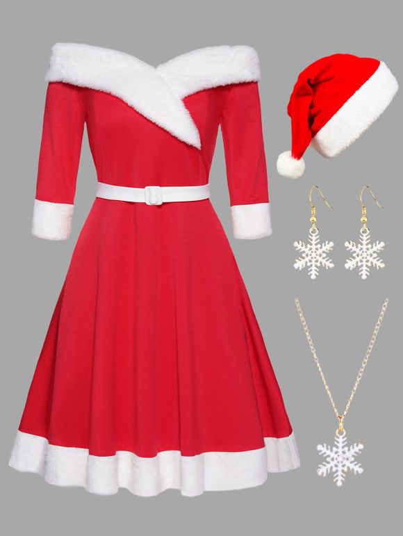 Faux Fur Panel Belted Off The Shoulder A Line Mini Dress And Snowflake Necklace Earrings Hat Christmas Outfit - RED S
