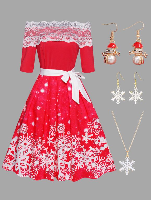 Ensemble de Boucles D'Oreilles et Collier avec Pendentif et Robe Motif Bonhomme de Neige de Noël Fleurs en Strass et Perles Fantaisies - Rouge S