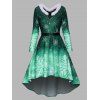 Robe Mi-Longue Haute Basse Ceinturée à Imprimé Flocon de Neige de Noël à Manches Longues - Vert profond L