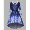 Robe Mi-Longue Haute Basse Ceinturée à Imprimé Flocon de Neige de Noël à Manches Longues - Bleu profond 2XL