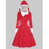 Mini Robe à Capuche Linge A Bicolore Panneau en Fausse Fourrure à Lacets à Manches Longues de Noël - Rouge XL