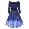 Christmas Dress Off The Shoulder Snowflake Print Foldover Lace Up High Waisted A Line Mini Dress - DEEP BLUE M