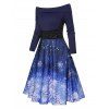 Christmas Dress Off The Shoulder Snowflake Print Foldover Lace Up High Waisted A Line Mini Dress - DEEP BLUE 2XL