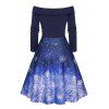 Christmas Dress Off The Shoulder Snowflake Print Foldover Lace Up High Waisted A Line Mini Dress - DEEP BLUE 2XL