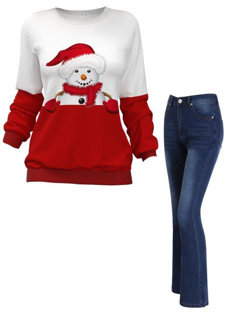Cute Snowman Print Raglan Sleeve Sweatshirt And Dark Wash Flare Jeans Christmas Outfit