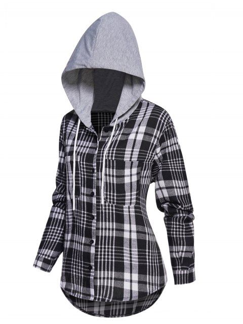 Plus Size Cropped Shirt Plaid Print Shirt Mock Front Pocket Hooded Button Up Shirt