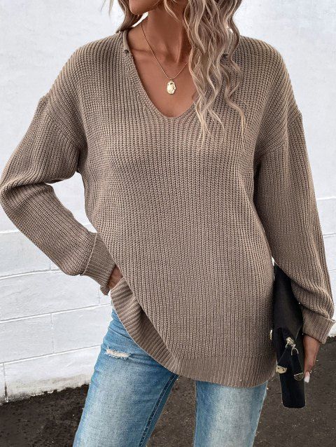Drop Shoulder Plain Color Sweater V Neck Long Sleeve Casual Sweater