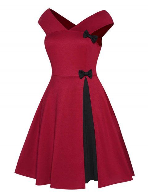 Plus Size & Curve Dress Contrasting Panel Godet Dress Cap Sleeve Bowknot Mini Dress