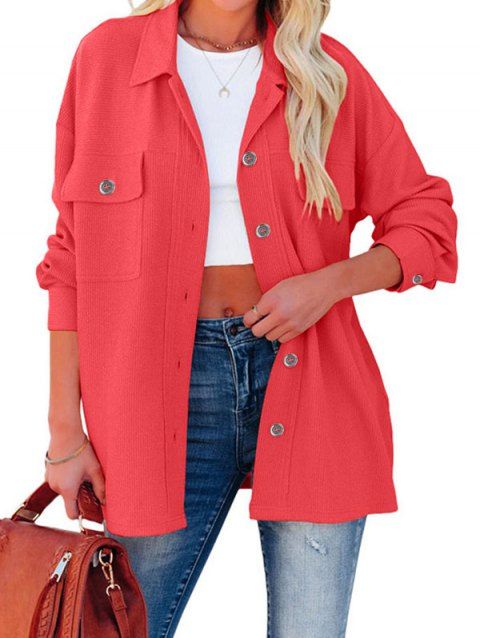 Solid Color Button Up Long Shacket Front Pocket Patches Turndown Collar Jacket