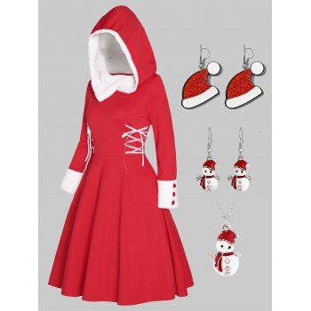 

Faux Fur Panel Lace Up Hoodie Dress And Rhinestone Snowman Necklace Earrings Hat Christmas Outfit, Red