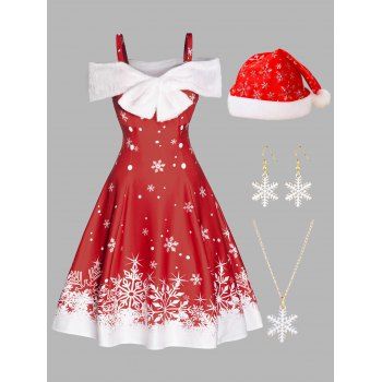 

Ombre Snowflake Print Faux Fur Bowknot Cold Shoulder Dress And Hat Necklace Earrings Christmas Outfit, Red