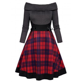 Plus Size Off The Shoulder Dress Twisted Textured Knit Panel Lace Up Plaid Print Mini Dress Long Sleeve High Waist Curve Dress