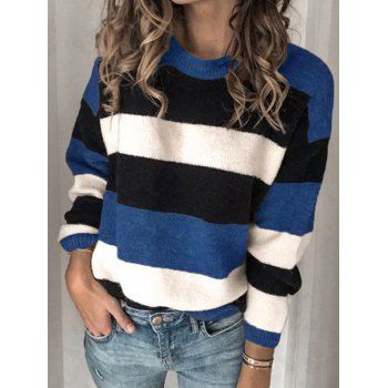

Contrasting Colorblock Sweater Drop Shoulder Crew Neck Ribbed Hem Sweater, Blue