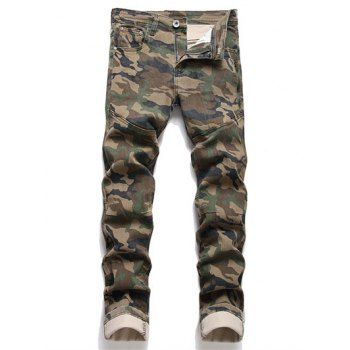 

Allover Camouflage Print Zip Fly Jeans Zipper Multi Pockets Denim Pants, Green