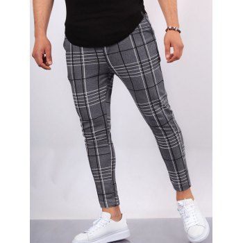 

Plaid Print Suit Pants Zipper Fly Long Side Pockets Casual Chino Pants, Dark gray