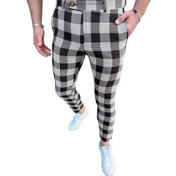 

Plaid Printed Suit Pants Side Pockets Zipper Fly Casual Long Chino Pants, Black