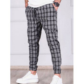 

Allover Plaid Print Pants Zip Fly Drawstring Beam Feet Casual Pants, Gray