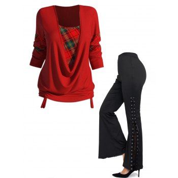 

Plaid Print Cowl Neck Cinched Knit Faux Twinset Top And Eyelet Lace Panel Lace Up Flare Pants Casual Outfit, Multicolor
