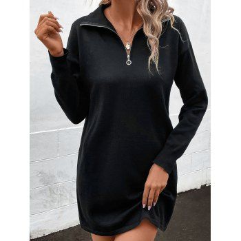 

Drop Shoulder Mini Sweater Dress Long Sleeve Ring Zipper Knit Dress, Black