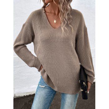 

Drop Shoulder Plain Color Sweater V Neck Long Sleeve Casual Sweater, Light coffee